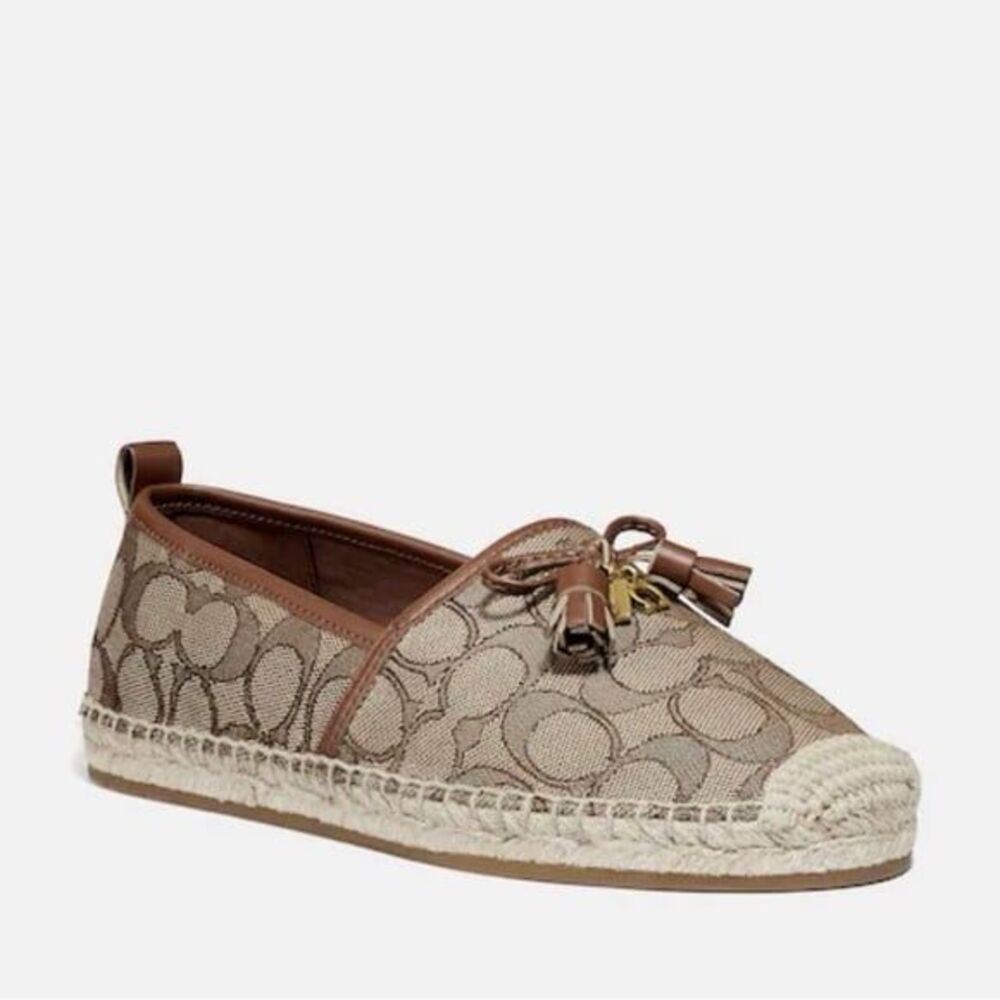 COACH Carson Espadrille Flats Women’s 7.5 Khaki Saddle Signature Canvas Tassel